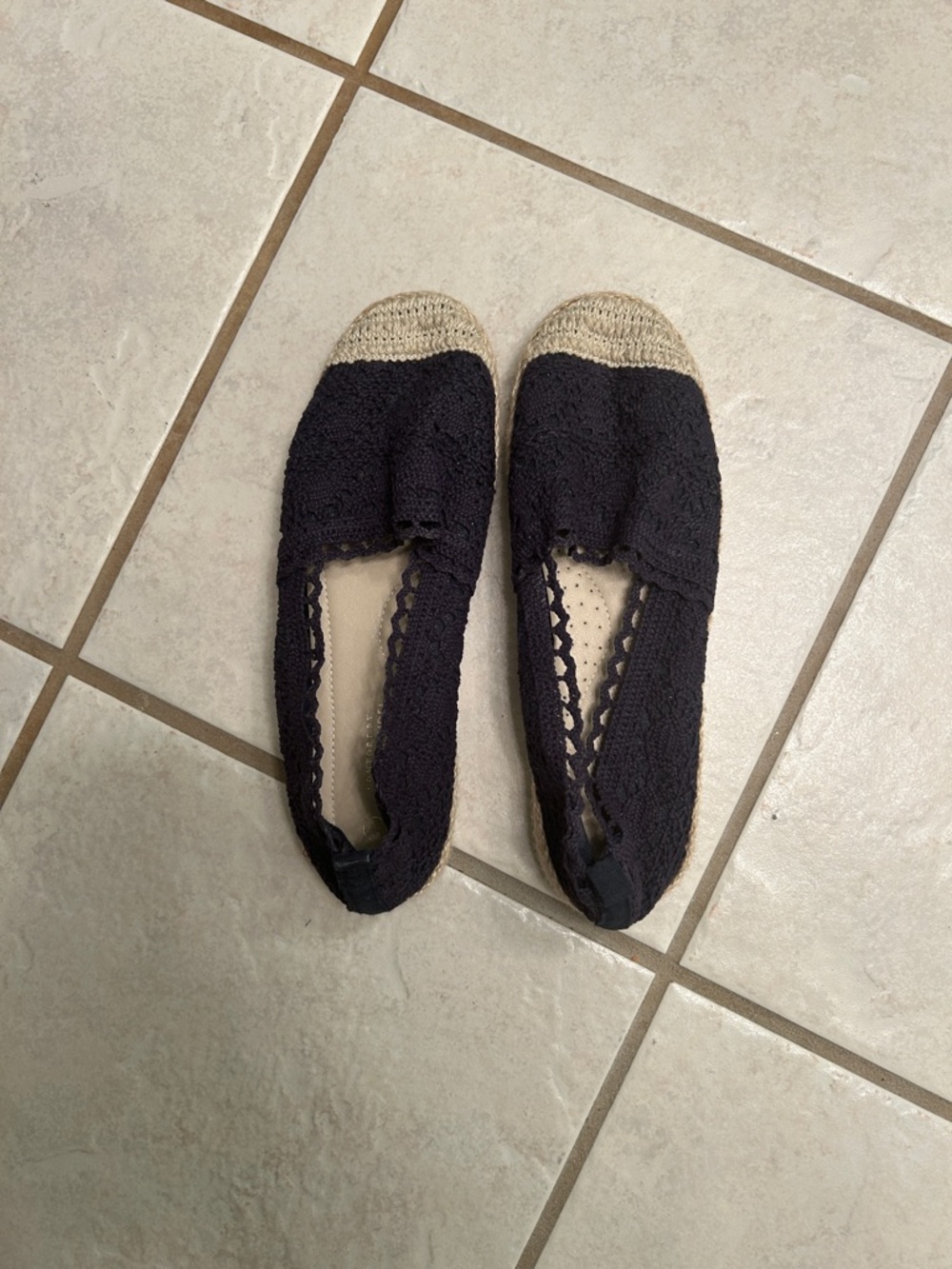 Black Crochet Espadrille Flats with Natural Toe Cap